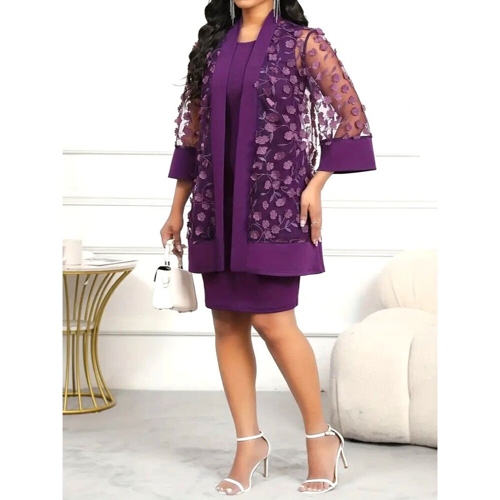 Women Unbranded Dress Set XL Purple 2 Pc Floral Mesh Duster Cardigan Knee Length
